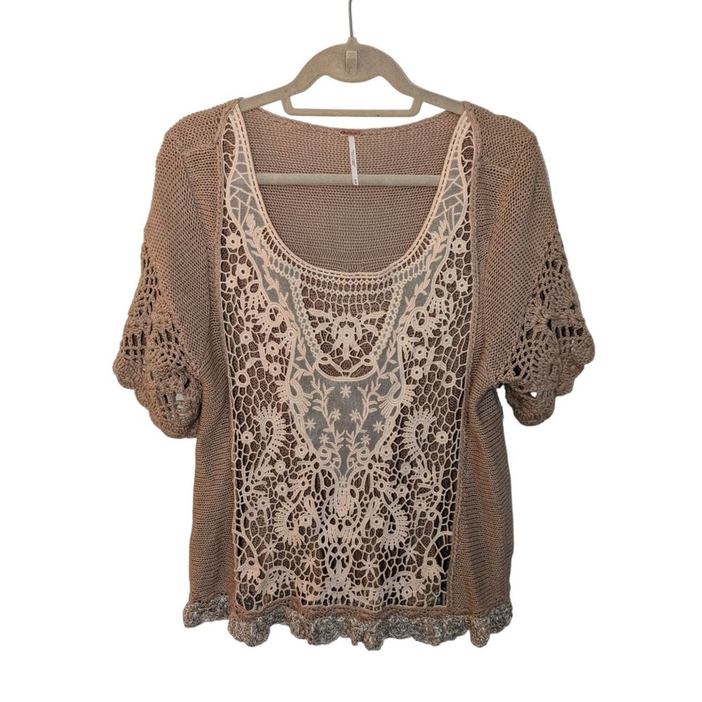 NWOT Free People Knit Cream Medium Oversized T-shirt Sweater with Lace